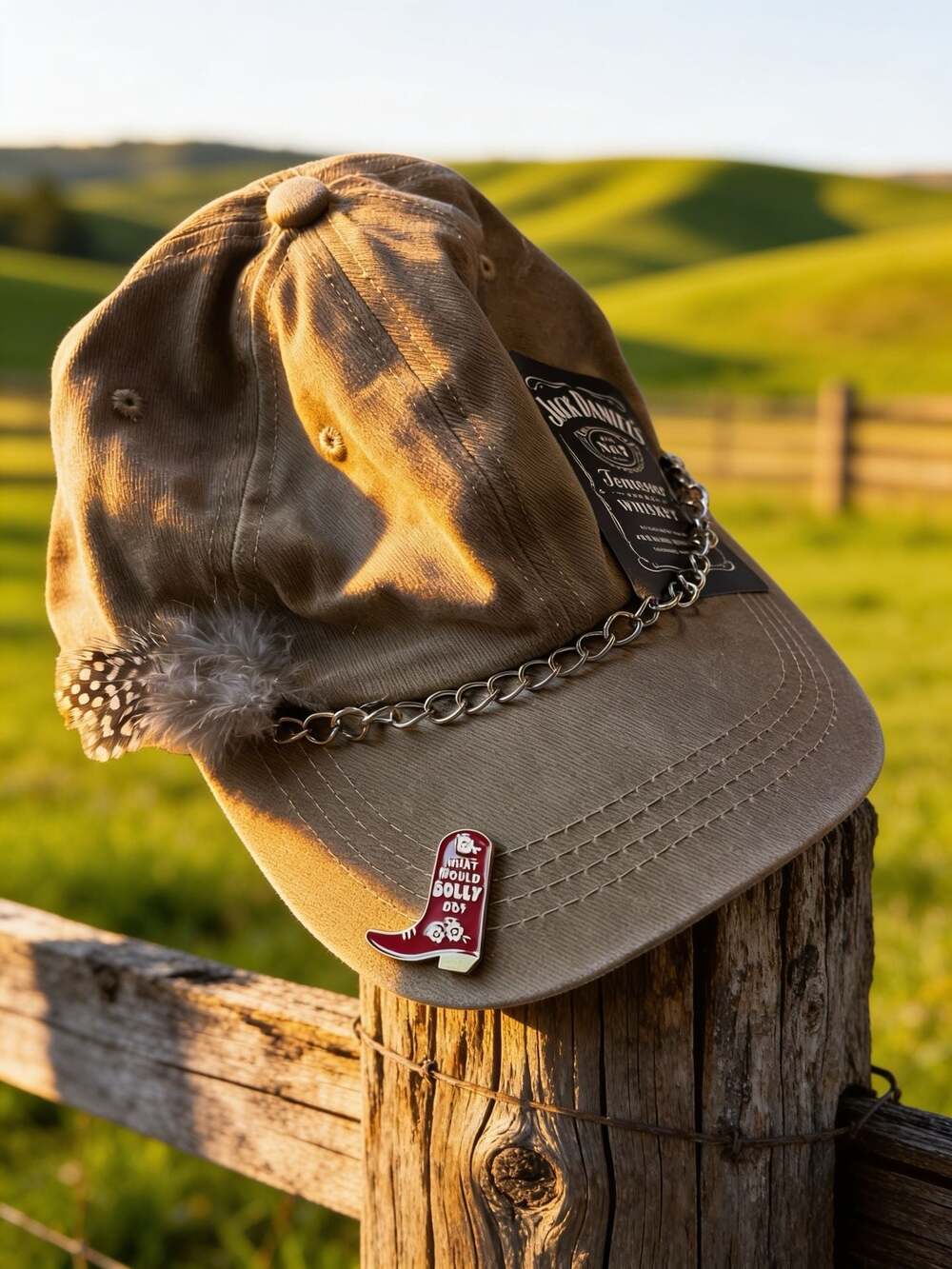 Jack Daniel's Distressed Denim Hat with Chain and Feather